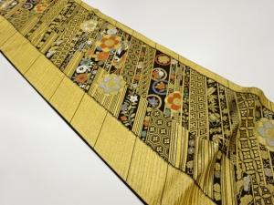 縞に鳳凰・桜・花々・古典柄模様織出し袋帯